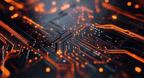 Close-up of a glowing microchip on a dark circuit board