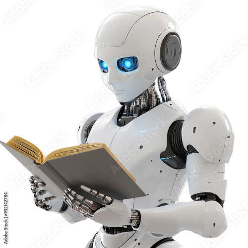 A white humanoid AI robot with blue eyes holding and reading an open book isolated on the left side of a blank background. The concept that AI technology can also play a role in teaching or learning. photo