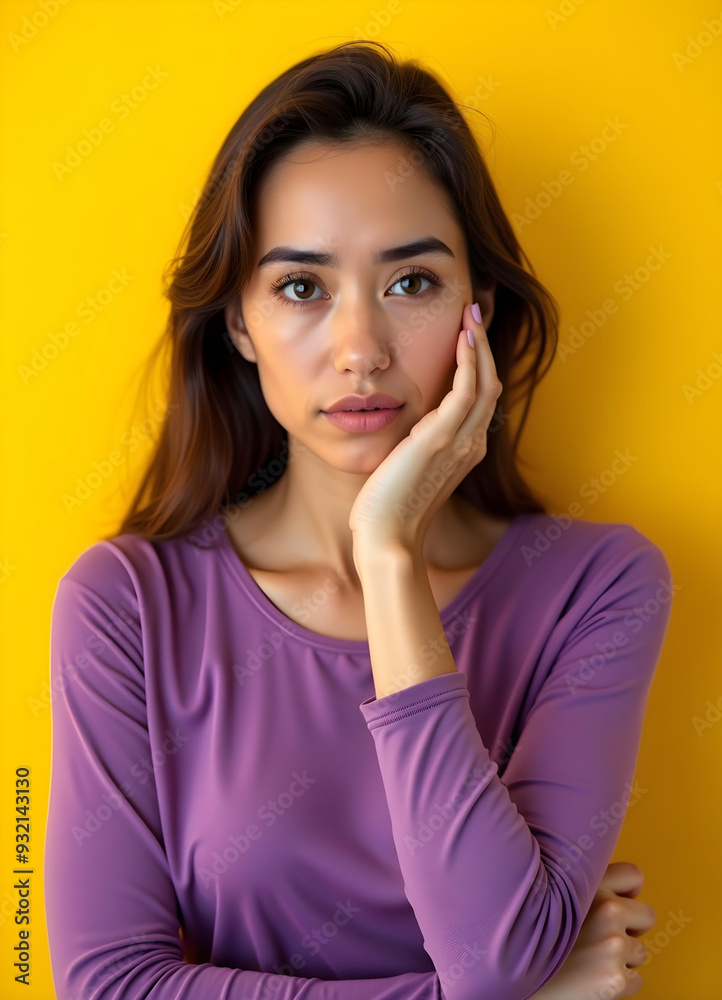 Portrait of beautiful lady in purple shirt, her calm attitude showcases her dignity. Isolated on yellow background. Portrait of beautiful lady in purple shirt, her calm attitude showcases her dignity. Isolated on yellow background.