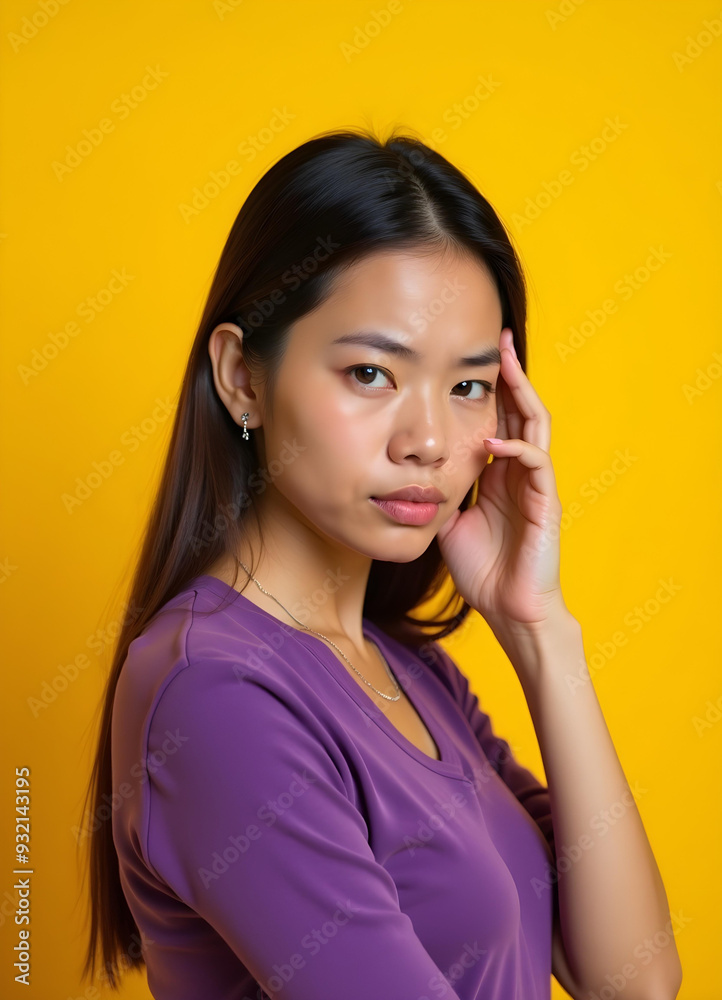 Portrait of a Chinese girl looking serious, her calm facial expression showcases her integrity. Isolated on yellow background. Portrait of a Chinese girl looking serious, her calm facial expression showcases her integrity. Isolated on yellow background.