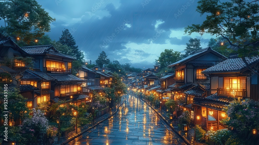 Obraz premium enchanting evening scene of a traditional japanese town cozy streets lined with charming houses soft warm lighting and animeinspired art style creating a serene atmosphere