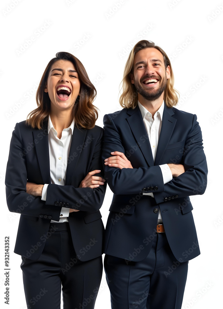 Portrait of two managers laughing commendably, confident business partners showing cheerful gestures. Isolated on white background. Portrait of two managers laughing commendably, confident business partners showing cheerful gestures. Isolated on white background.