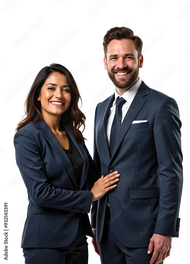 Portrait of an Independent businesswoman and man looking inspiring, Office partners posing confidently. Isolated on white background. Portrait of an Independent businesswoman and man looking inspiring, Office partners posing confidently. Isolated on white background.