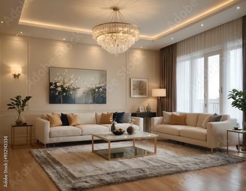 A living room with a large chandelier hanging from the ceiling
