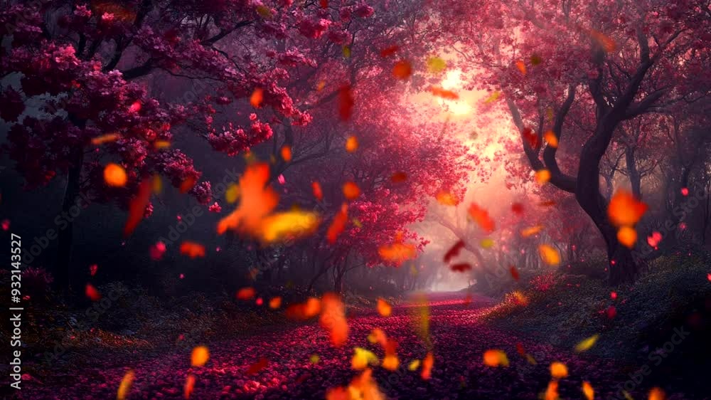 The quiet forest path was dotted with bright pink cherry blossoms, bathed in the soft light of the full moon. The petals were beginning to fall.Seamless looping 4k time-lapse animation video backgroun The quiet forest path was dotted with bright pink cherry blossoms, bathed in the soft light of the full moon. The petals were beginning to fall.Seamless looping 4k time-lapse animation video backgroun