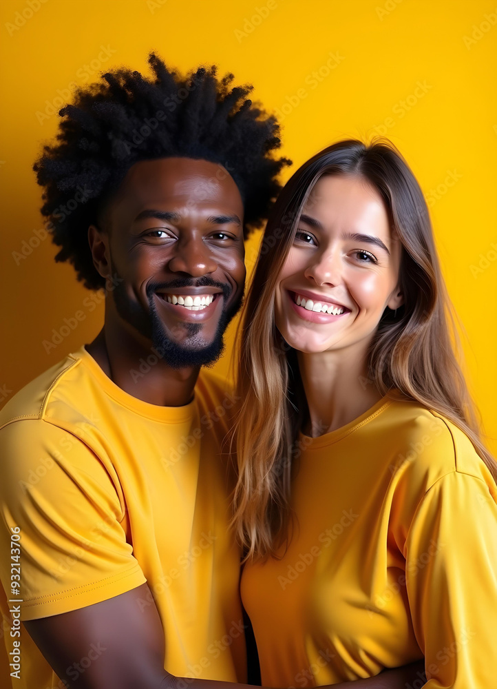 Portrait of diversified happy couple posing closely, admiring couple smiling beautifully. Isolated on yellow background. Portrait of diversified happy couple posing closely, admiring couple smiling beautifully. Isolated on yellow background.