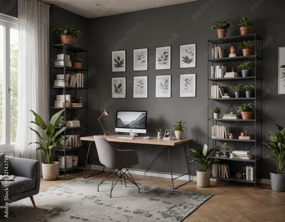 Fototapeta premium A modern office space with a large desk and a computer monitor