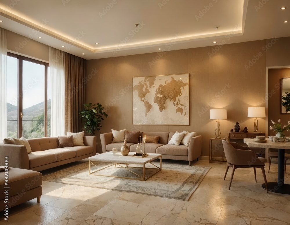 Fototapeta premium A living room with a large world map on the wall