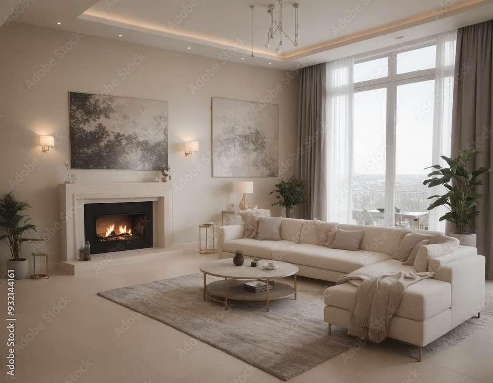 Fototapeta premium A living room with a fireplace, a couch, and a potted plant