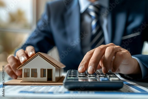 Close-up of businessman calculating energy efficiency rate with house model in hand photo