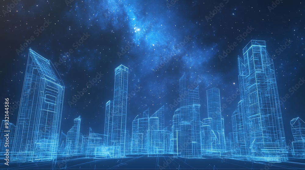 Wireframe Cityscape Under a Starry Sky Wireframe Cityscape Under a Starry Sky