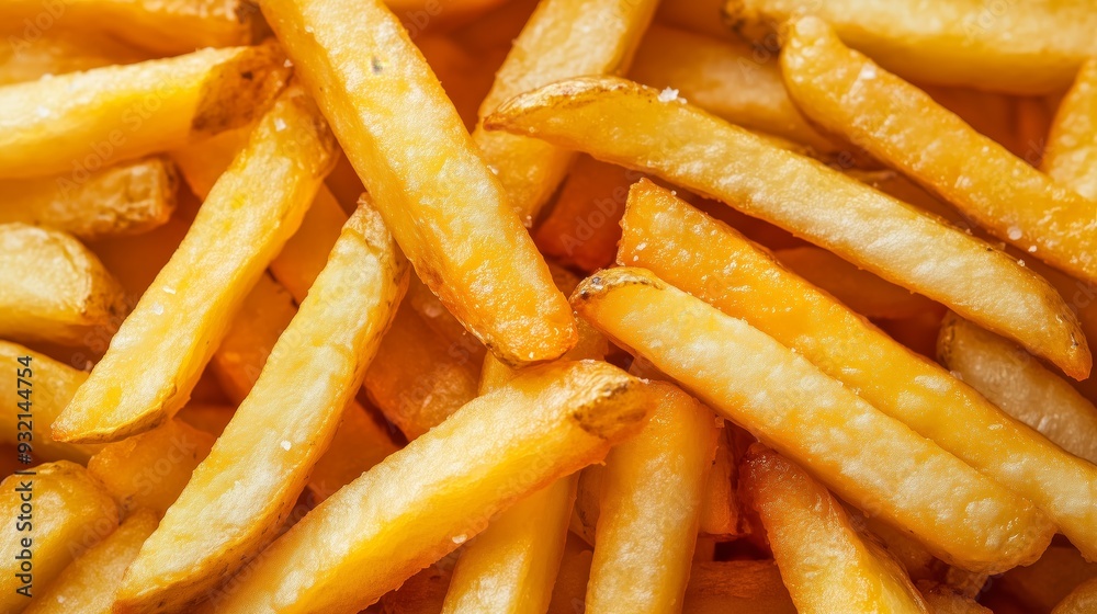 A detailed close-up photograph of golden, freshly-cooked French fries, showcasing their crispy texture and appetizing appeal. A detailed close-up photograph of golden, freshly-cooked French fries, showcasing their crispy texture and appetizing appeal.