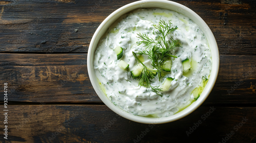 Tzatziki sauce in a bowl, freshly seasoned with dill and cucumber, displayed on a rustic wooden table Tzatziki sauce in a bowl, freshly seasoned with dill and cucumber, displayed on a rustic wooden table