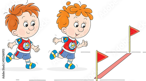 Funny little boys finishing their race during physical education class at elementary school or kindergarten, vector illustration isolated on a white background