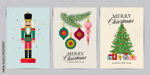 Christmas greeting cards with Christmas Nutcracker toy soldier, Christmas Balls, and decorated Christmas tree. Vector
