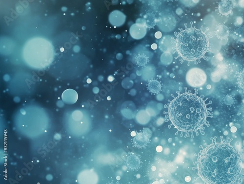 Microscopic view of viruses floating in a blue abstract background during a s...