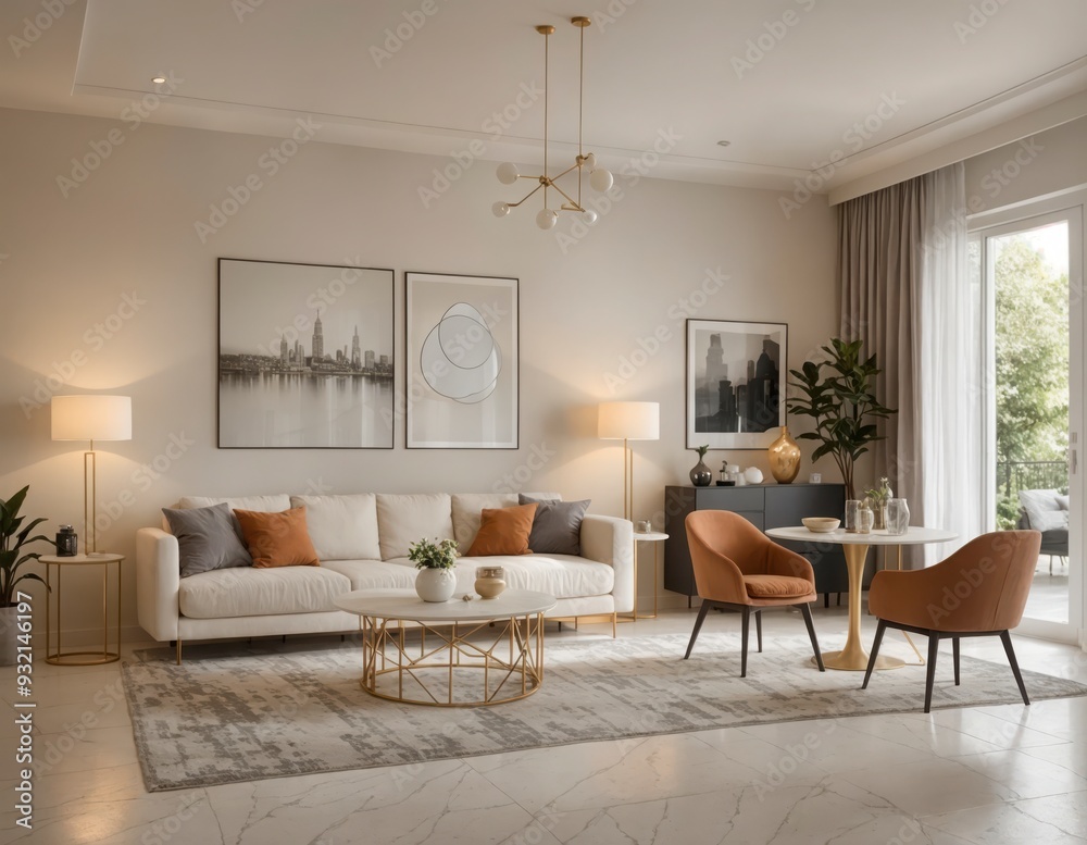 Fototapeta premium A living room with a white couch, a coffee table, and a few chairs