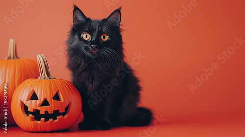 A black cat sits beside carved pumpkins on an orange background, perfect for Halloween themed stock photos.