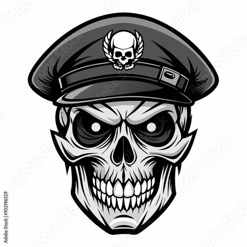 Design a Powerful, Menacing Skull in a Tactical Beret Bold Black-and-White Illustration with Military Vibe art vector illustration photo