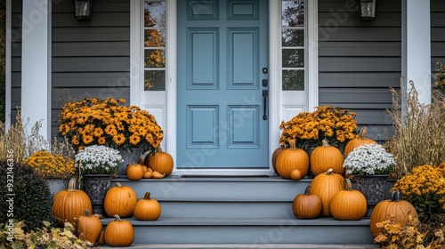 Teal front door with Halloween pumpkins and flowers on steps, New England home