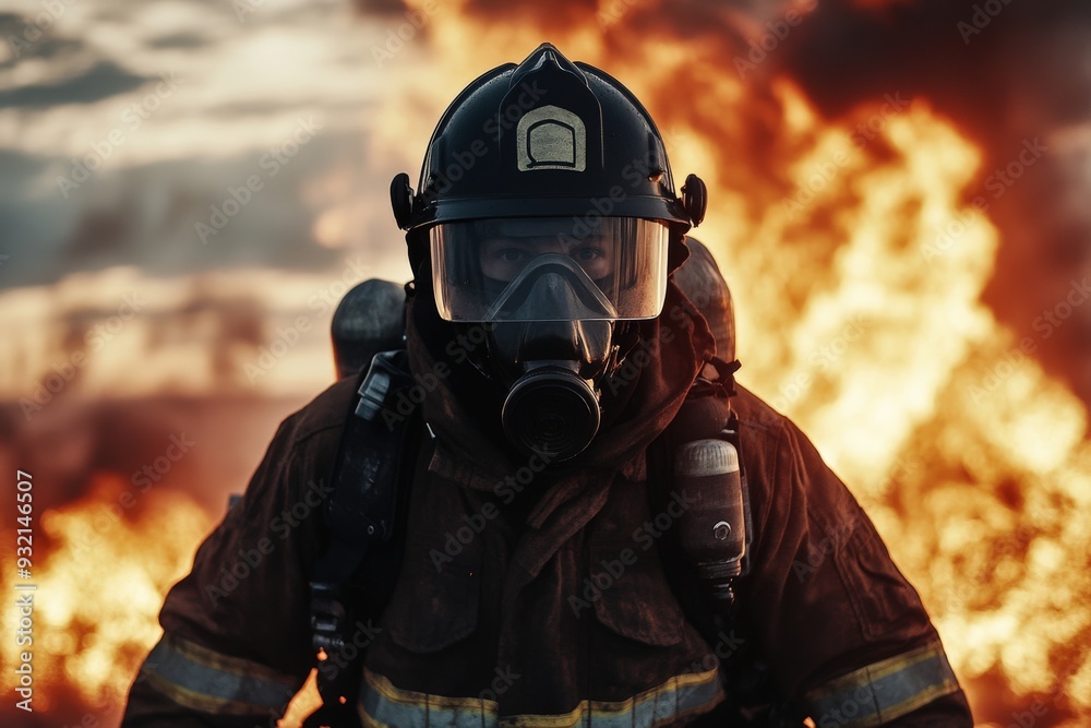 A firefighter stands before a blazing fire in full protective gear, embodying bravery, duty, and selflessness. The intense flames and sky set an urgent, heroic scene. A firefighter stands before a blazing fire in full protective gear, embodying bravery, duty, and selflessness. The intense flames and sky set an urgent, heroic scene.