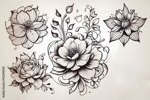 Wallpaper Mural Black and white sketch of beautiful flowers on a white background.
 Torontodigital.ca