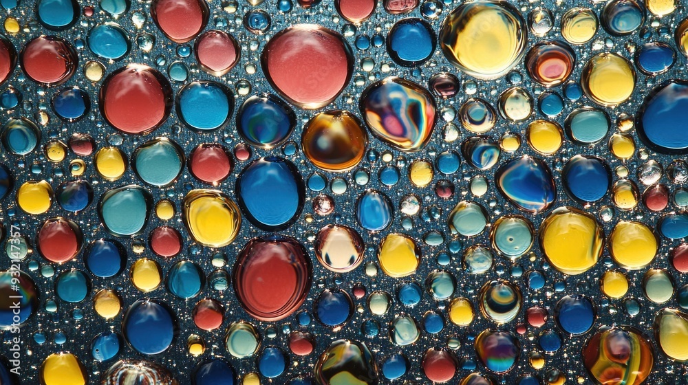 A backdrop filled with diverse water droplets of varying sizes some round and others elongated from surface tension reflecting the surroundings like miniature lenses A backdrop filled with diverse water droplets of varying sizes some round and others elongated from surface tension reflecting the surroundings like miniature lenses