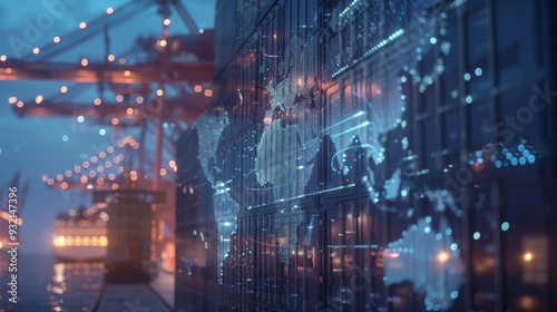 Fototapeta Naklejka Na Ścianę i Meble -  A digital world map overlay on shipping containers at a port, symbolizing global trade, logistics, and interconnected supply chains
