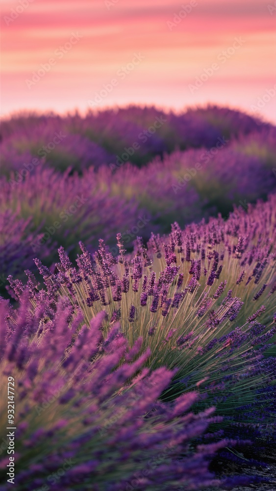 Obraz premium Close-up of vibrant lavender fields under a colorful sunset sky