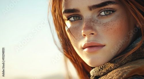 Young woman with freckles gazes thoughtfully outdoors on a sunny day
