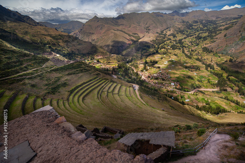 Ancient agricultural terraces and Inca ruins of Pisac town near Cusco, Andes Sacred Valley Spectacular View, Peru, photo