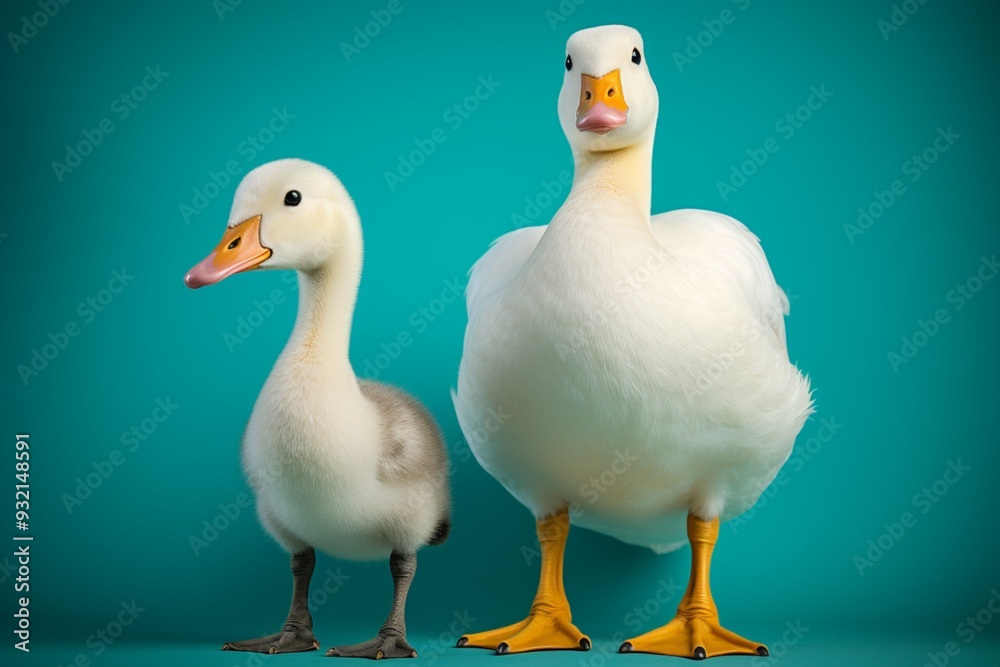 Mother duck one baby against teal background white adult picture Mother duck one baby against teal background white adult picture
