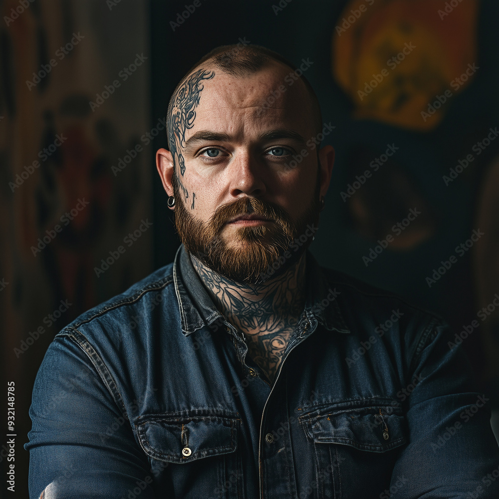 Obraz premium Portrait of a tattoo artist, in studio, dramatic lighting, focused expression, artistic mood 