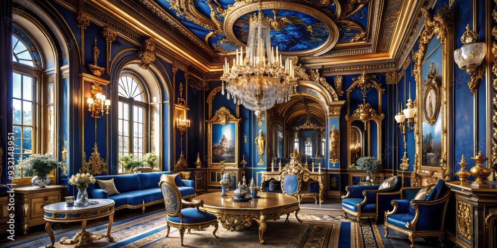 Obraz premium A masterpiece of opulence, layers of deep blue and gold swirl together in a lavish dance of artistry, exuding an air of refined sophistication.