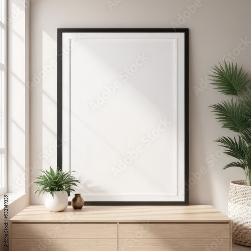 close up white poster frame in modern home interior with light colored paper texture wall, wall mockup, 3d rendering