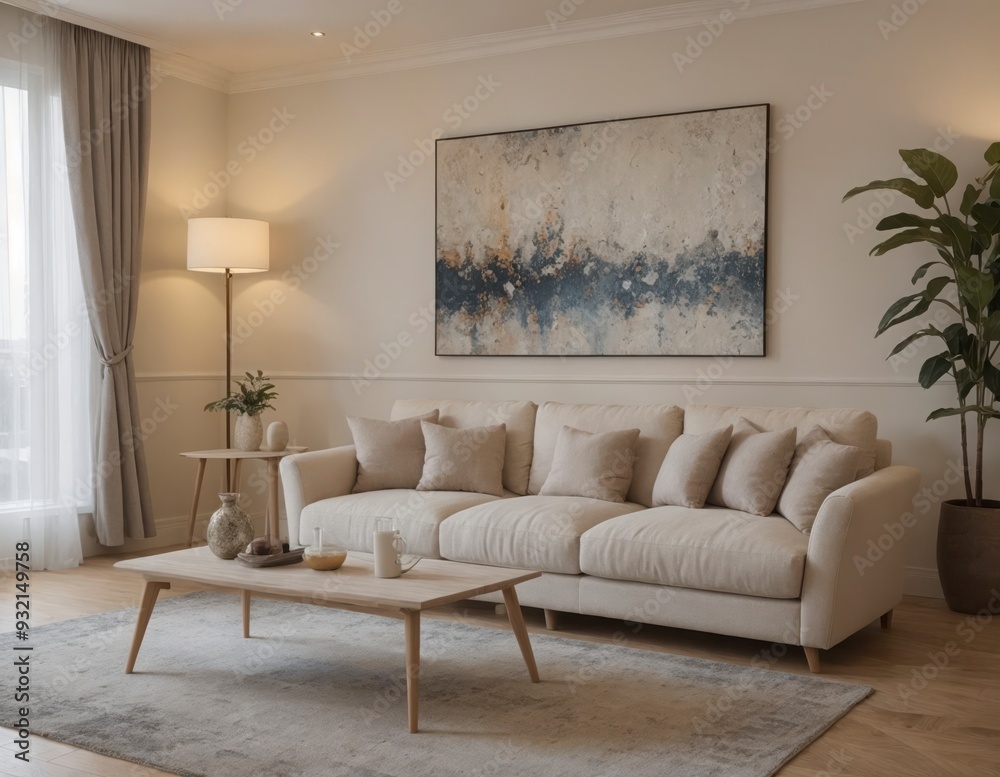 A living room with a white couch, a coffee table A living room with a white couch, a coffee table