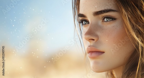 Young woman's serene profile with sparkling freckles in soft winter light