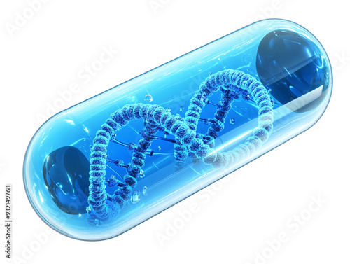 a blue capsule with a dna model inside