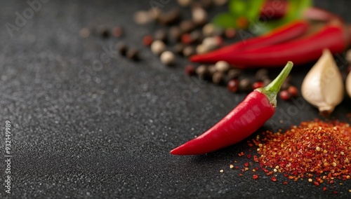 Fresh red chili pepper, garlic, and spices arranged on a black textured surface