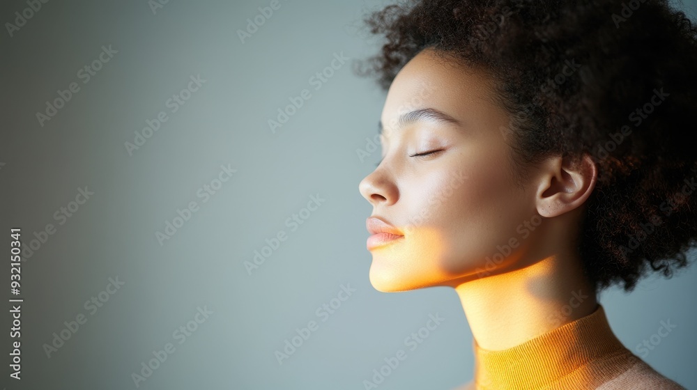 Serene Akan Fashion Model in Minimalist Attire Against Light Gray Wall with Sunlight Rays Double Exposure Effect for Depth Serene Akan Fashion Model in Minimalist Attire Against Light Gray Wall with Sunlight Rays Double Exposure Effect for Depth