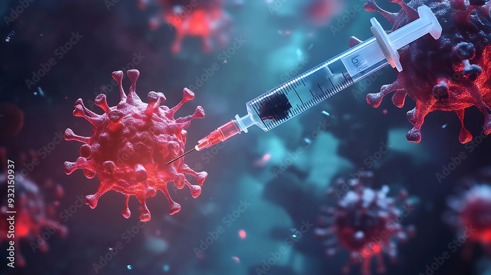 A syringe is about to inject a virus, which is represented by a red spiky sphere. The background has a blue and red gradient, and other viruses are visible in the background. A syringe is about to inject a virus, which is represented by a red spiky sphere. The background has a blue and red gradient, and other viruses are visible in the background.