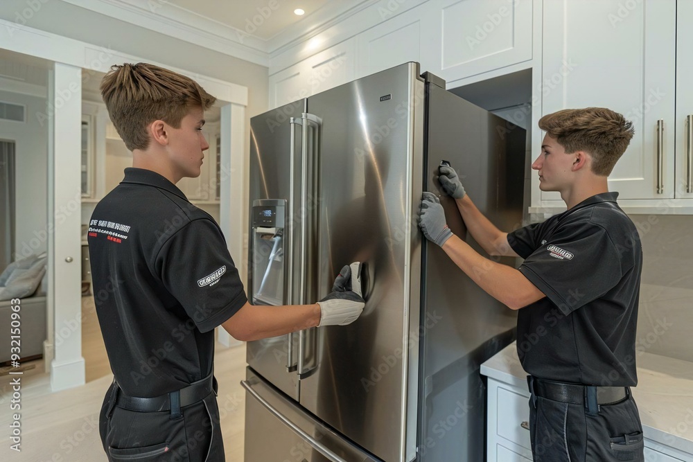 Two young male movers in uniform setting up a contemporary steel refrigerator in the kitchen Two young male movers in uniform setting up a contemporary steel refrigerator in the kitchen