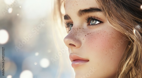 Young woman's serene profile with sparkling freckles in soft winter light