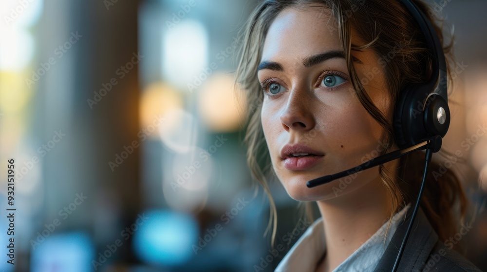 A girl call center operator with a headset looks into the distance. A girl call center operator with a headset looks into the distance.