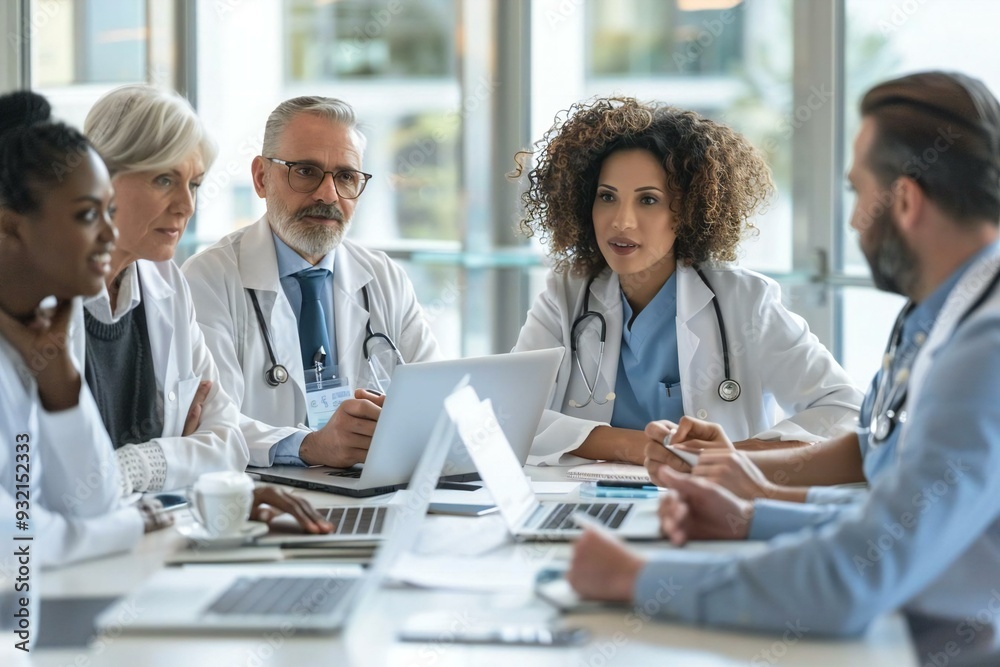 Medical Doctors Convene for Group Meeting Around Laptop Computer Medical Doctors Convene for Group Meeting Around Laptop Computer