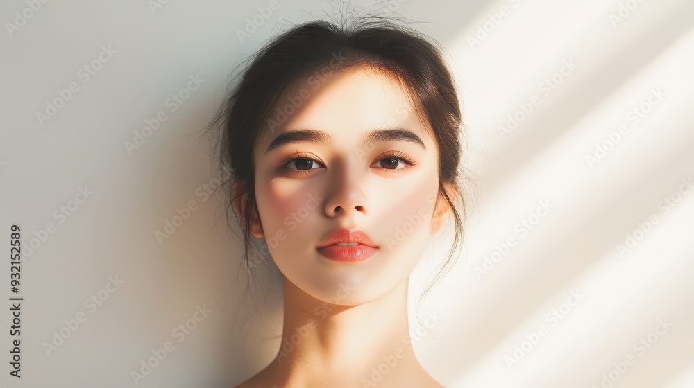 Naklejka premium Ethereal Thai Fashion Model in Modern Attire Illuminated by Soft Light Rays on White Wall - Close-Up Vibrant Overlay