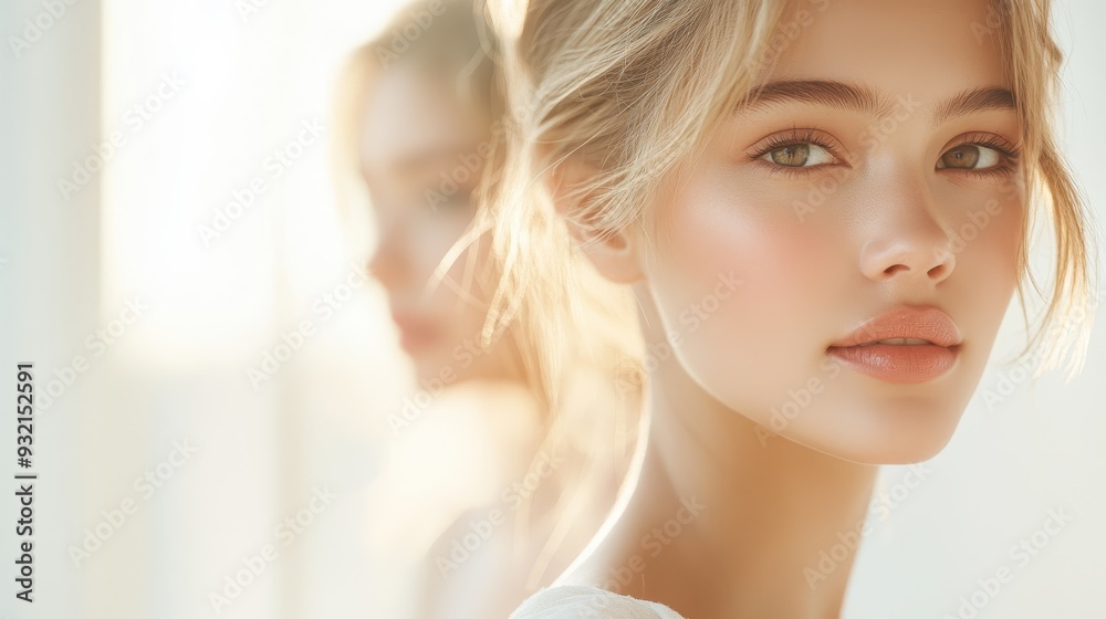 Elegant Thai Fashion Model in Modern Attire with Soft Light Rays - Close-Up Portrait Against White Wall Elegant Thai Fashion Model in Modern Attire with Soft Light Rays - Close-Up Portrait Against White Wall