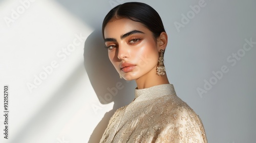 Cultural Resilience: Pashtun Fashion Model in Contemporary Attire Standing Strong Against White Wall with Dramatic Lighting and Selective Focus photo