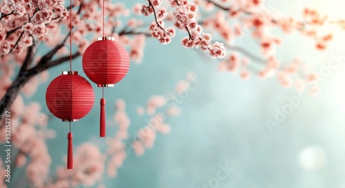 Red lanterns hanging from cherry blossom branches during a serene spring evening