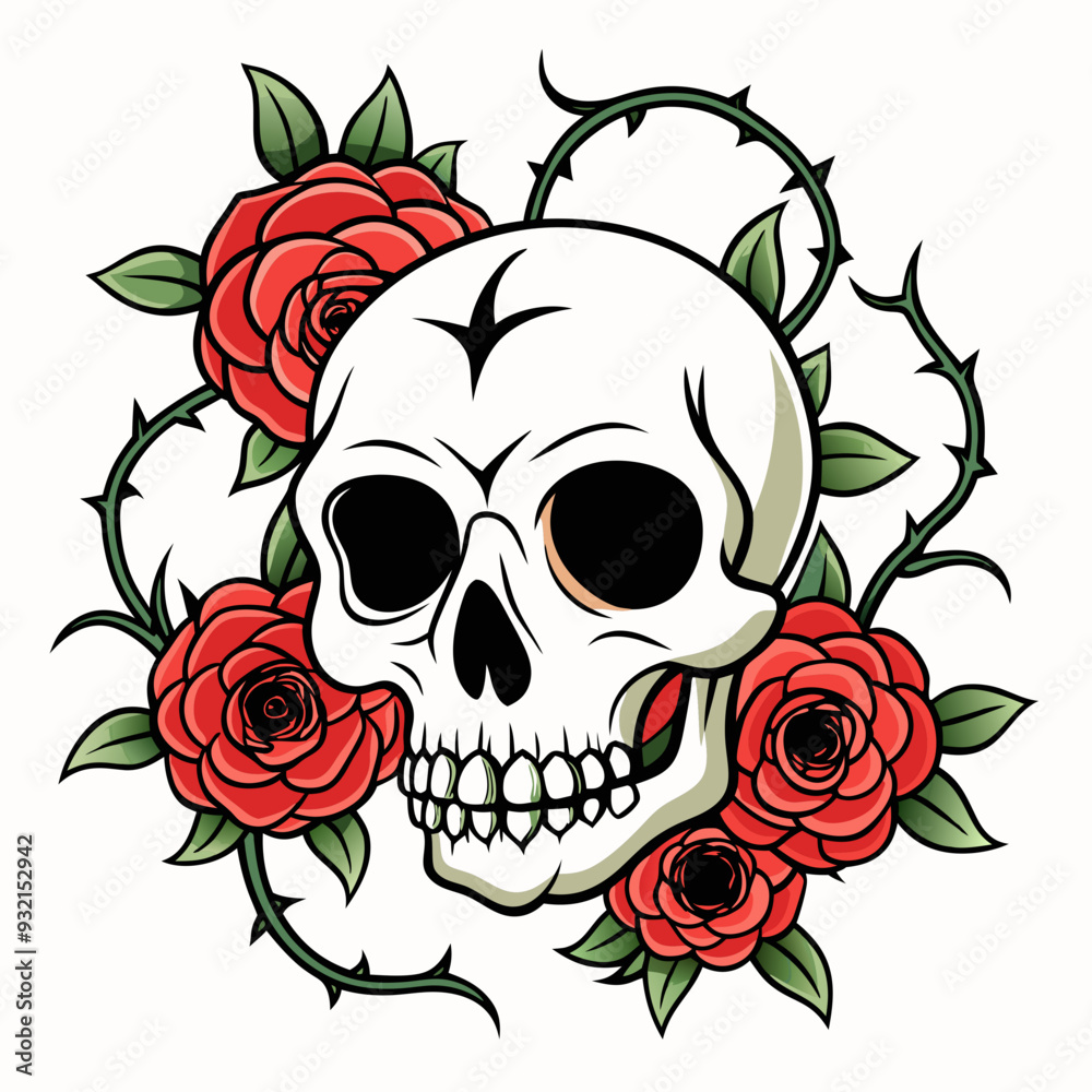 Fototapeta premium Intricate Skull Entwined with Roses and Thorny Vines on a Pristine Background Art vector illustration